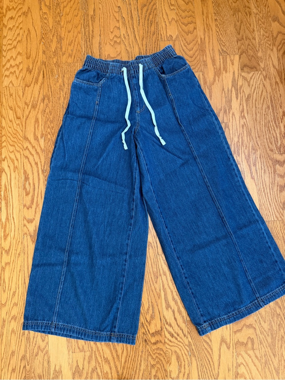 Wide Leg Denim Jogger Pants. - Blue